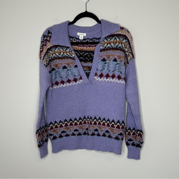 Sundance Lavender Wool Blend Fair Isle V Neck Sweater with Collar Size XS Boho‎ - Picture 1 of 8